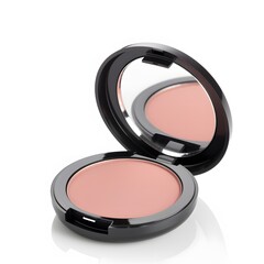 Pink blush compact with open, and makeup.