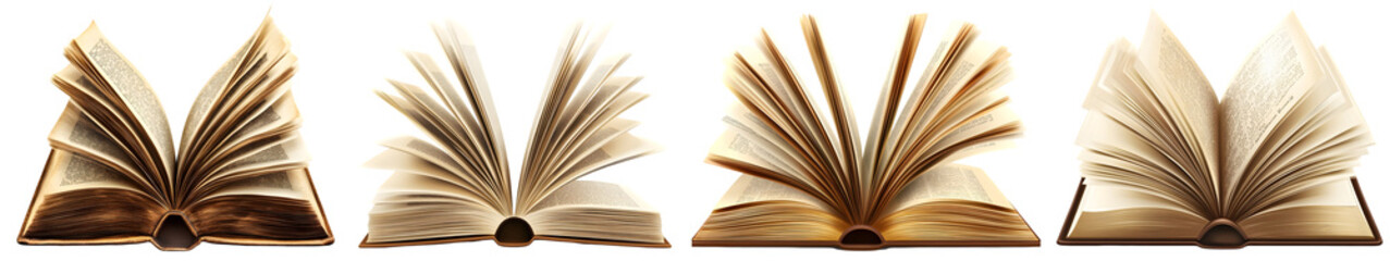 collection of open book pages fanned out in motion on white background