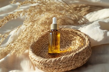 Fototapeta premium Serene Arrangement of Essential Oils on a Woven Basket Amidst a Calm Natural Setting