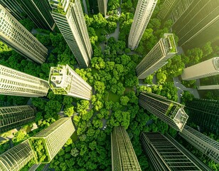 urban landscape with skyscrapers and a green park, view from perpendicular top down