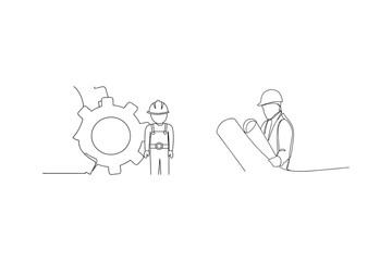 Minimalist illustration of construction workers and gear wheel depicting planning and engineering
