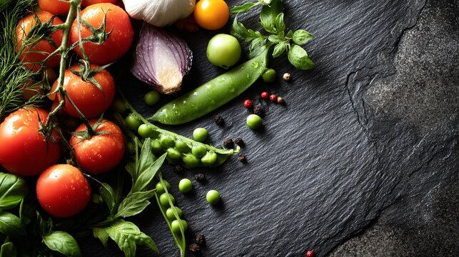Natural flat lay with sunlight: garden veggies like peas and tomatoes on slate board