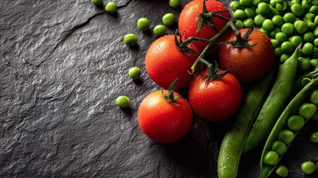 Natural flat lay with sunlight: garden veggies like peas and tomatoes on slate board