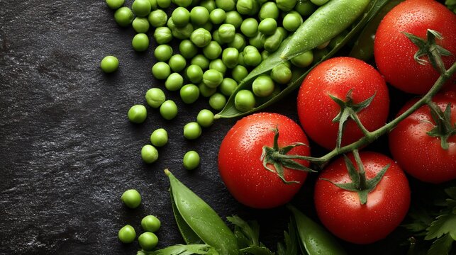 Natural flat lay with sunlight: garden veggies like peas and tomatoes on slate board