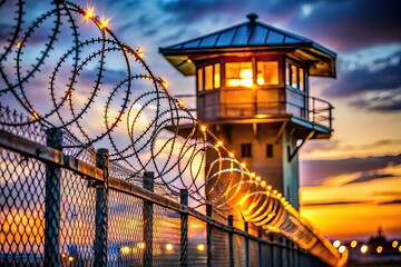 Fototapeta premium Prison Fence Guard Tower Detailed Photo