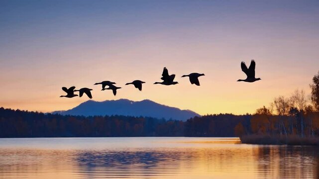 Silhouette of geese in flight over lake at sunset