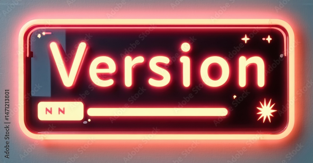 Poster Neon sign displays Version text. Bright red glow surrounds rectangular shape. Bottom shows NN label, plus loading bar.