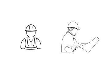 Minimalist line drawing depicting construction worker with blueprint and construction safety