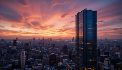 Obraz premium Dramatic Dawn Over Johannesburg Skyline with Prominent High-Rise