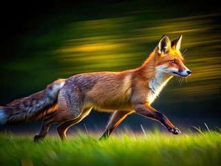 Obraz premium Red Fox Running Long Exposure, Wildlife Photography, Night Vision, Blurred Motion, Nature