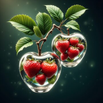 A transparent apple  with green leaves  and strawberries inside  Fantasy Concept Ai