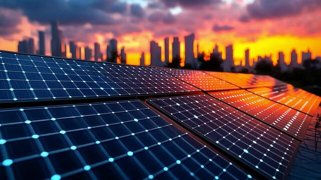 Stunning solar panel installation showcases vibrant sunset colors over city skyline, highlighting beauty of renewable energy.