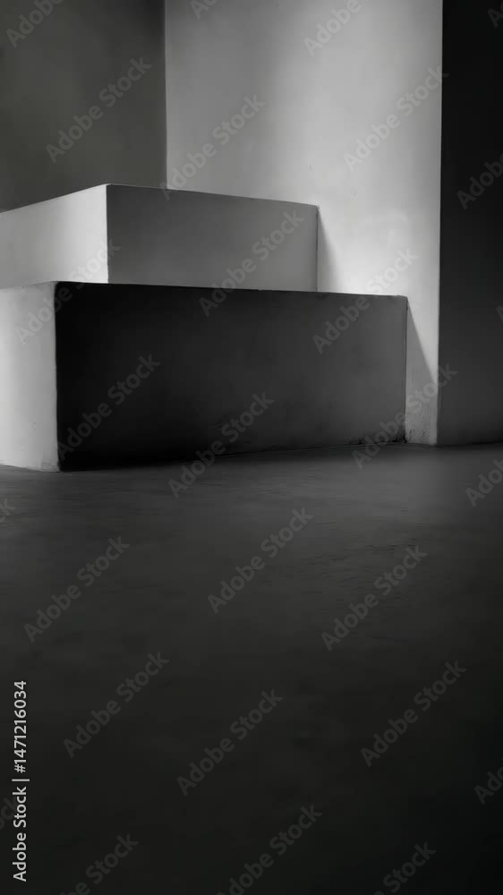 Poster minimalist monochrome image features white geometric platforms against a shadowy wall with subtle li