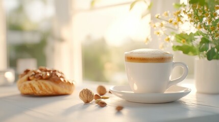 Warm coffee cup beside pastries, cozy sunlit space with soft background, perfect for inviting a cheerful morning vibe.