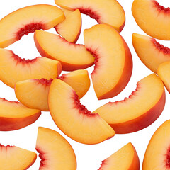 Artistic composition of whole and sliced peaches with seed visible, isolated on transparent background, excellent for dessert menus, clean eating visuals, and fruit styling.
