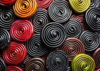 Black Candy Spiral Background, Licorice Wheels, Dark Jelly Candy Top View