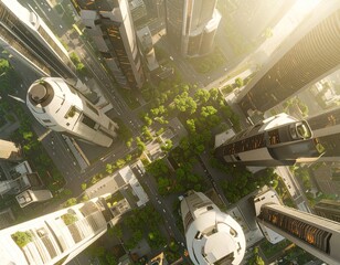 urban landscape with skyscrapers and a green park, view from perpendicular top down