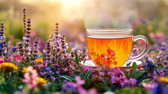 Serene cup of herbal tea in vibrant garden, surrounded by flowers, radiating warmth and tranquility in natures beauty.