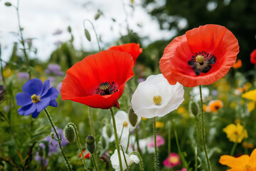 Obraz premium Vibrant poppy flowers blooming in a colorful garden during spring