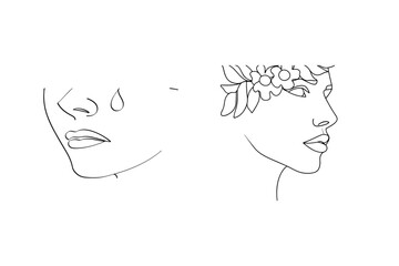Minimalist linear drawing of two female faces with floral headpiece and tear outline