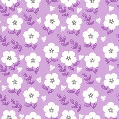 Seamless floral pattern with white flowers, purple leaves, and hand-drawn hearts on lavender background. Cute and feminine design for fabric, wallpaper, and wrapping paper.