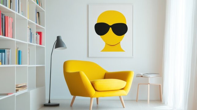 Bright yellow armchair with playful wall art, modern interior design, perfect for adding a cheerful touch to any space.