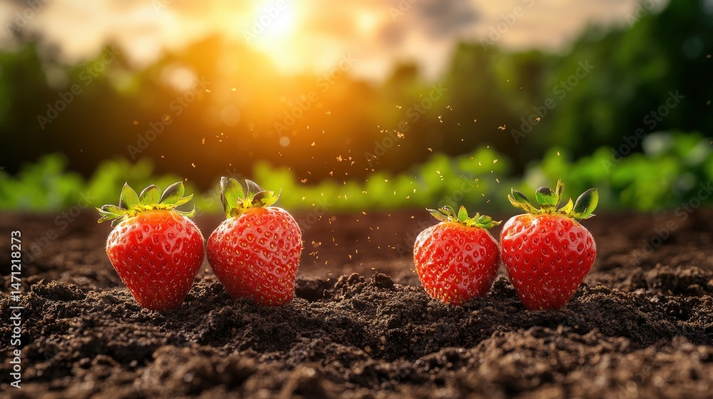 Poster four ripe strawberries rest on dark soil with sunlight filte through trees in the background of a he