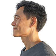 Obraz premium Happy Asian man smiling in profile, casual portrait, white background ultra realistic 8k --v 7.0