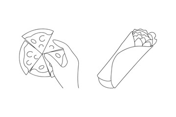Simple black line art illustration of pizza slices and a delicious wrap with filling