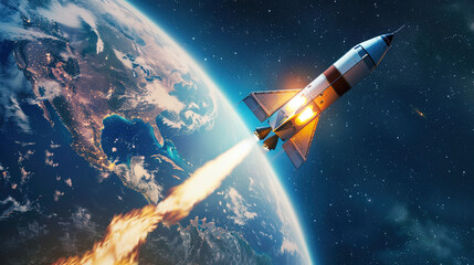 Obraz premium Spacecraft reentering Earths atmosphere with glowing heat shield and fiery plasma trail. Dramatic space exploration, orbital descent, and aerospace technology concepts.