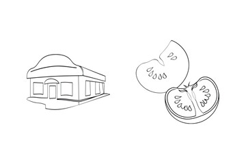 Minimalist line art illustration of a restaurant building and sliced tomato on white background