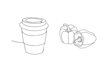 Coffee cup and bell peppers simple black and white line art illustration for healthy eating