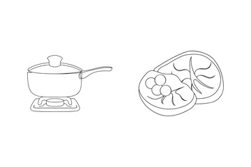 Simple black and white line art cooking pot and steak food illustrations