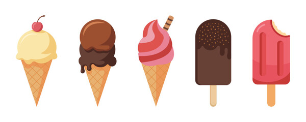 Ice cream colorful vector set. Summer popsicle and waffle cones on white background