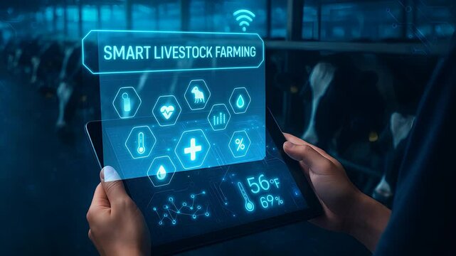 Person Using Tablet to Monitor Digital Livestock Farming System with Smart Icons Showing Cow Health, Data, and Environment

