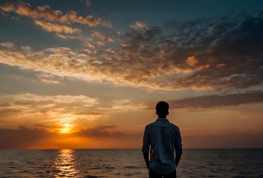 The vast expanse of the sea and sky at sunset provides a stunning backdrop for a lone young man contemplating the horizon.