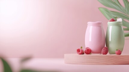 Pastel decorative vases on a wooden shelf, soft colors, lush greenery in background, ideal for home decor or lifestyle themes.