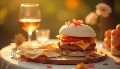 Gourmet Burger with White Wine Background