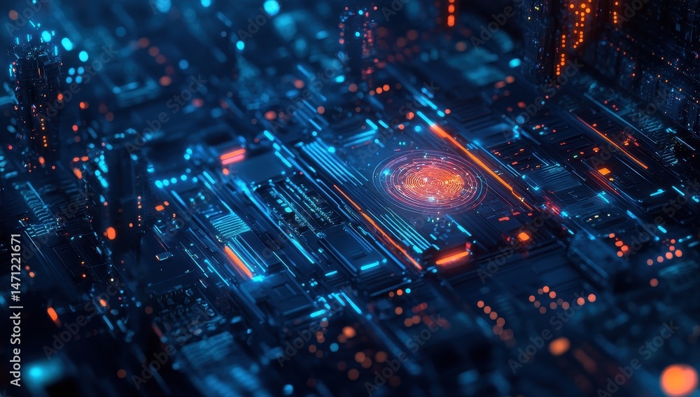 Poster intricate circuitry with vivid lighting. complex digital network. advanced technological design