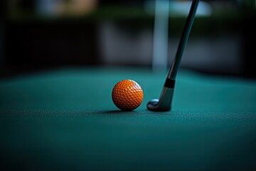 Orange golf ball and club on green