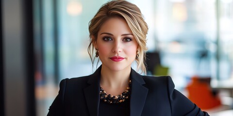 photo of professional woman in business suit working in office