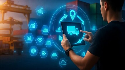Person Using Tablet to Track Delivery Truck with Digital Logistics Icons Showing Supply Chain and Cargo Movement

 - Powered by Adobe