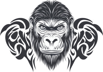 Detailed Tribal Gorilla Head Design for Ink and Fashion