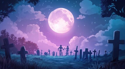 Cartoon illustration of a graveyard with tombstones under a full moon at night. Two skeletons walk hand in hand through the cemetery. Halloween concept.