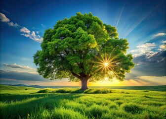 Single Tree in Green Field - AI Photography, Nature, Landscape, Scenic