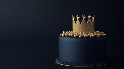 Elegant birthday cake, dark blue frosting with golden crown design, perfect for celebrations, luxurious and sophisticated vibe.