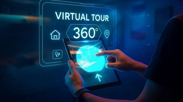 Person Using Tablet to Explore 360 Degree Virtual Tour with Glowing Digital Globe and Interactive User Interface

