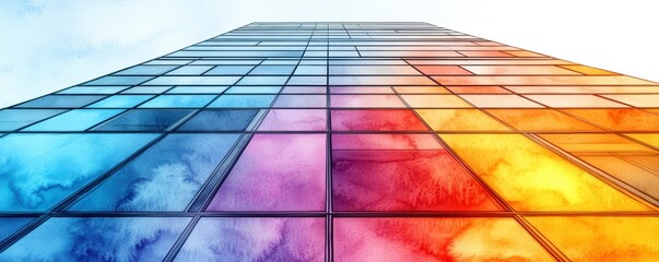 Fototapeta premium Vibrant colorful glass facade reflections modern urban architecture abstract visuals cityscape low angle view