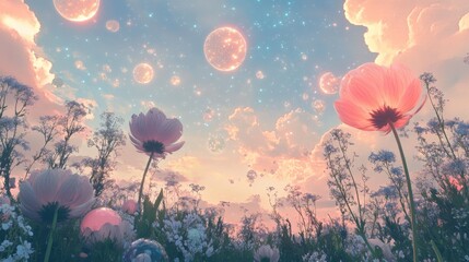 Dreamlike landscape of a field with flowers under a pastel sky with clouds and planets. Fantasy scene with floral meadow and celestial orbs in soft, glowing colors.