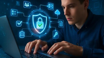 Man Using Laptop with Glowing Cybersecurity Interface Showing Lock Shield and Data Icons Representing Online Protection


